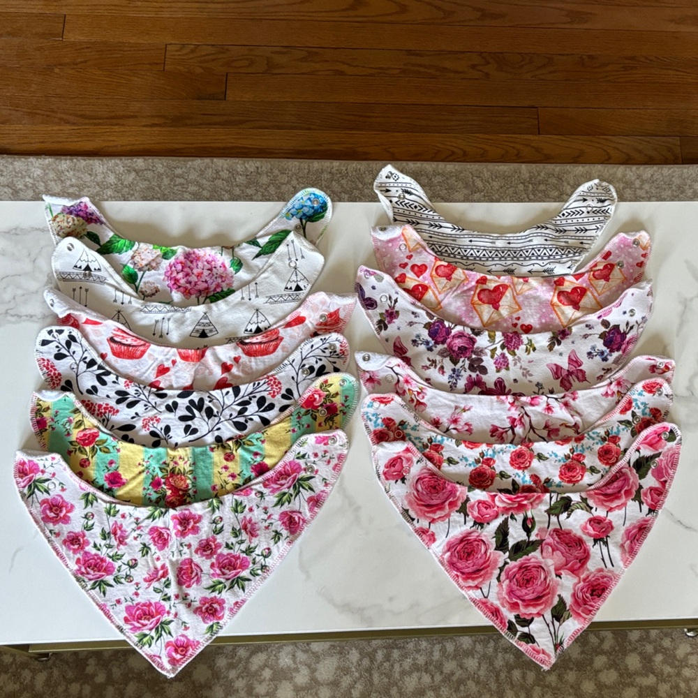 Floral Cotton Bandana Bibs Set - Pink, White, Green